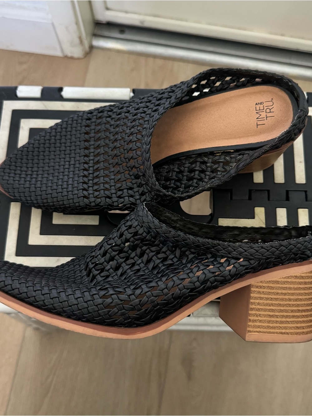 Time and Tru Black Woven Slingback Mules with Stacked Heel